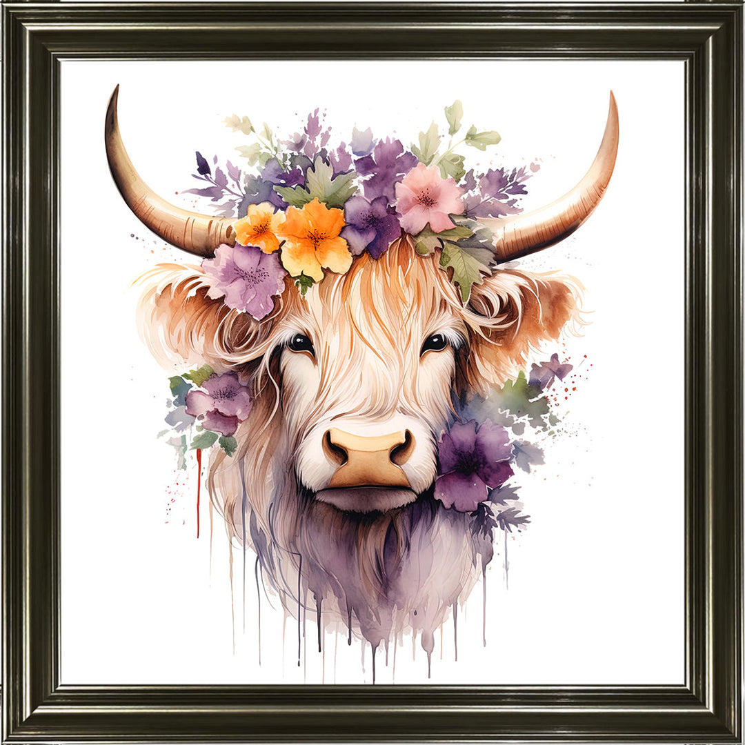AN1542 HIGHLAND COW WITH FLOWERS III