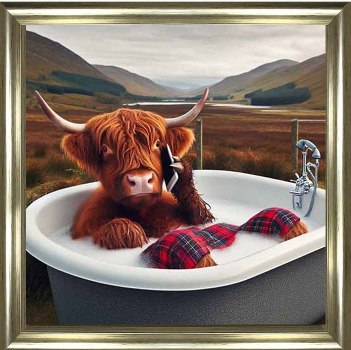AN2136 Highland Cow On Phone Taking Bath