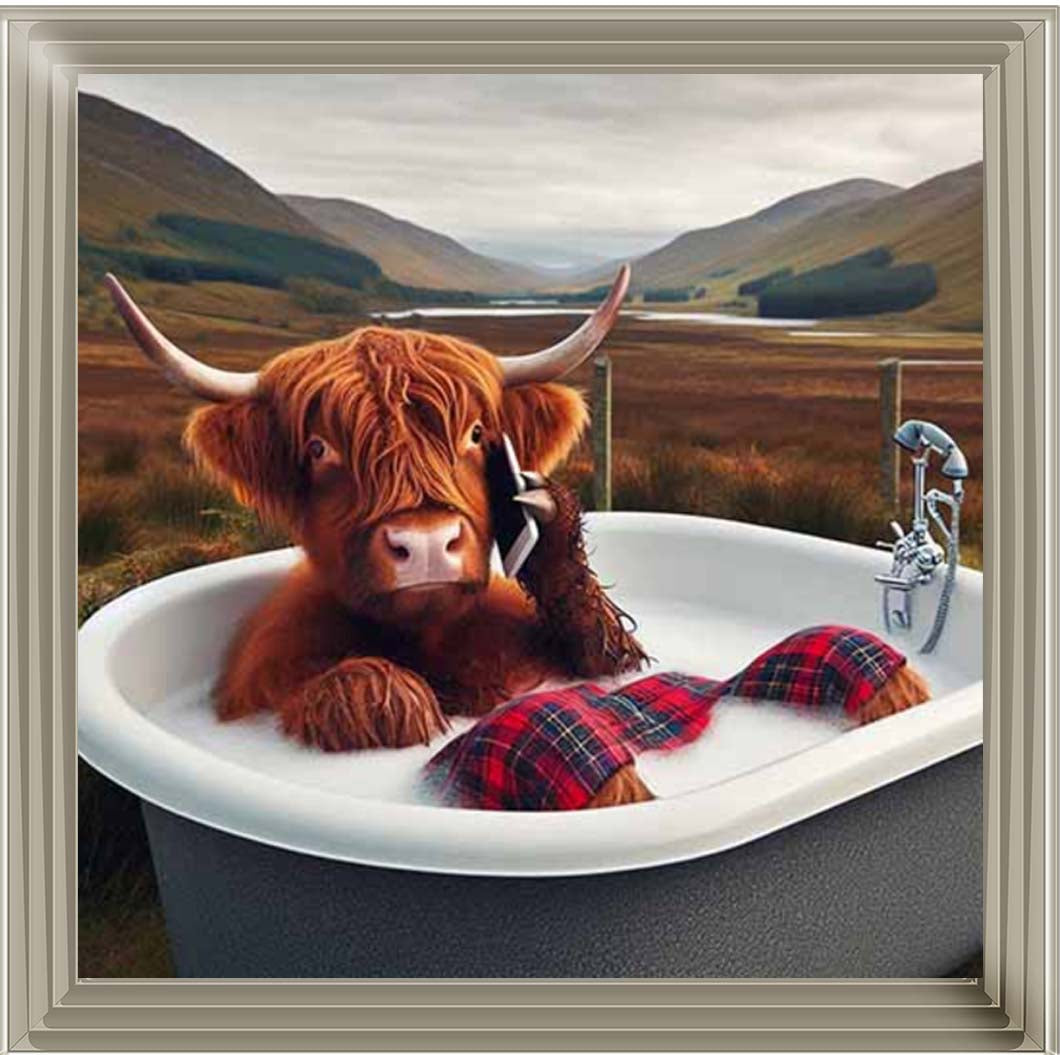 AN2136 Highland Cow On Phone Taking Bath