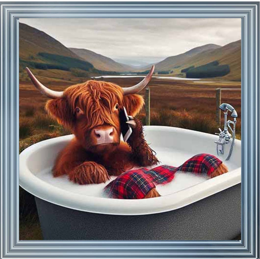 AN2136 Highland Cow On Phone Taking Bath