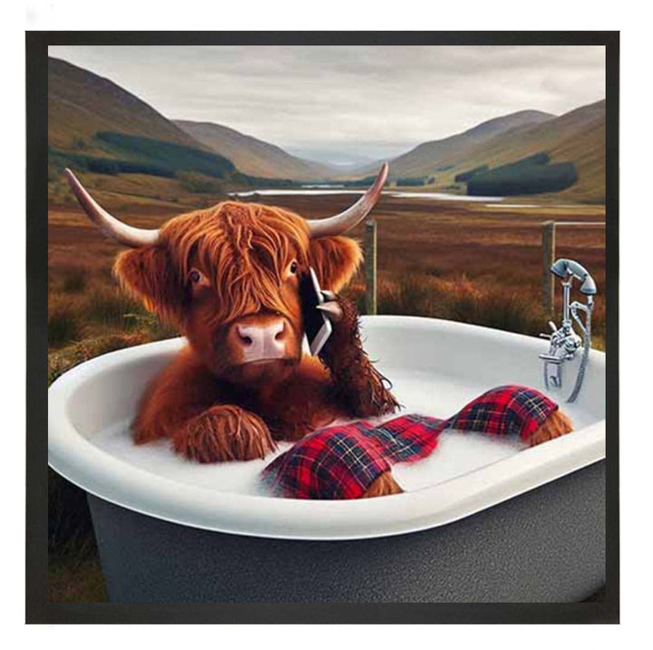 AN2136 Highland Cow On Phone Taking Bath