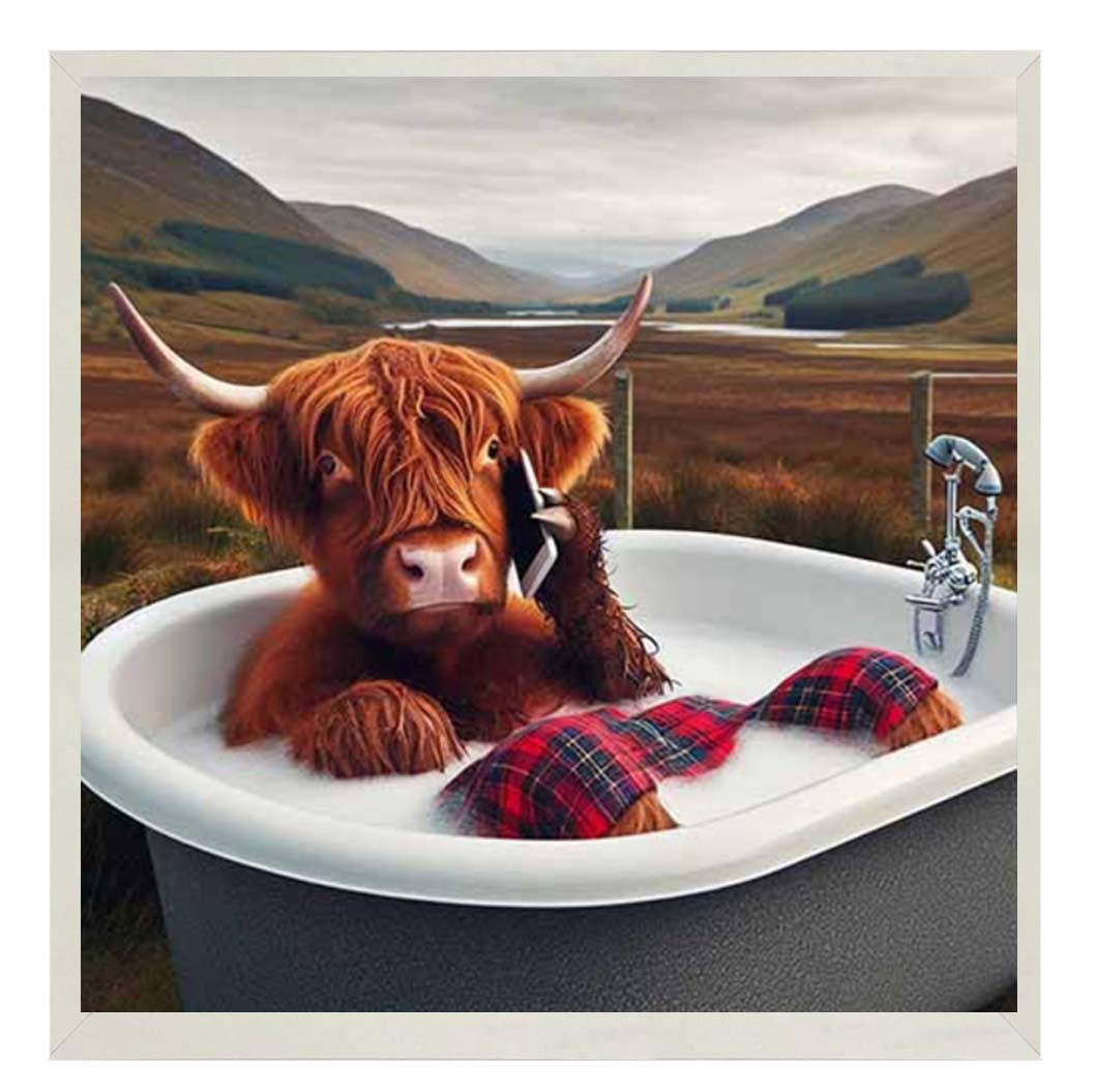 AN2136 Highland Cow On Phone Taking Bath