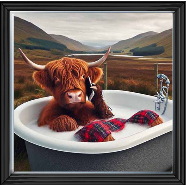 AN2136 Highland Cow On Phone Taking Bath