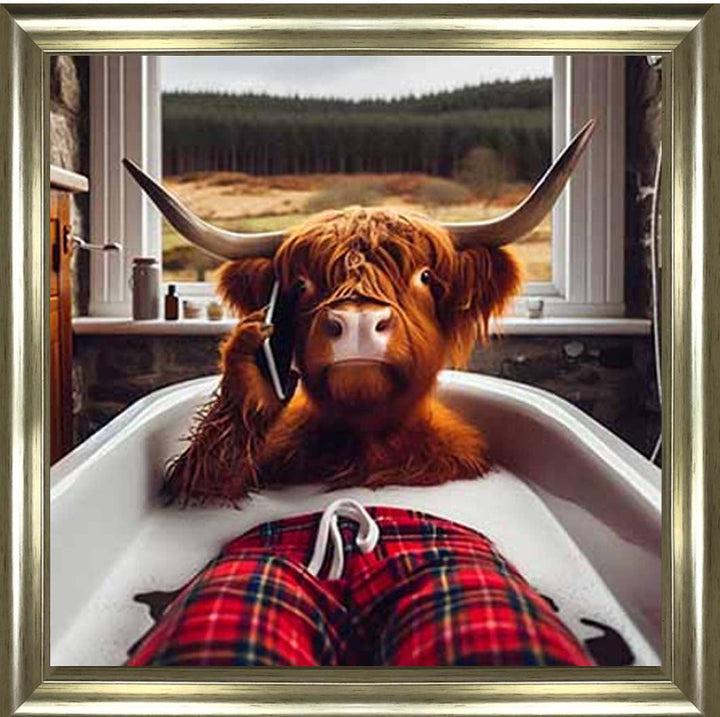 AN2137 Highland Cow On Phone Taking Bath ||