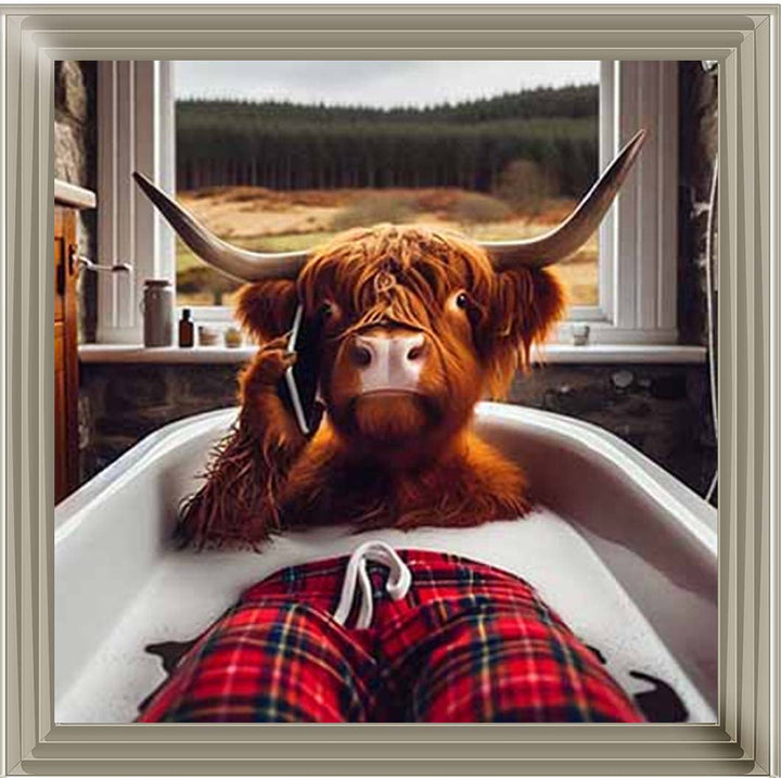 AN2137 Highland Cow On Phone Taking Bath ||