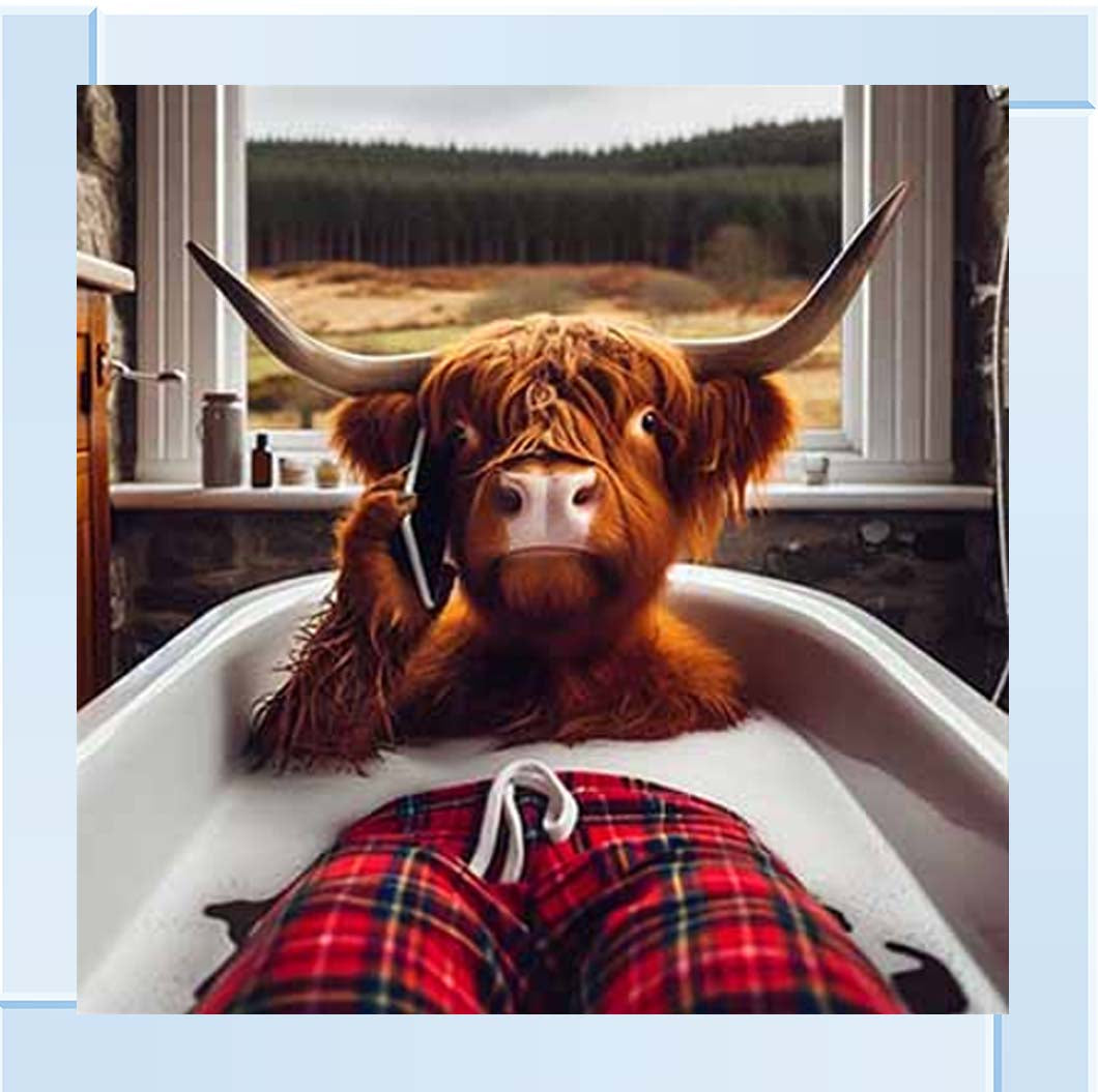 AN2137 Highland Cow On Phone Taking Bath ||