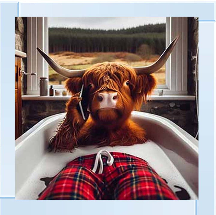 AN2137 Highland Cow On Phone Taking Bath ||