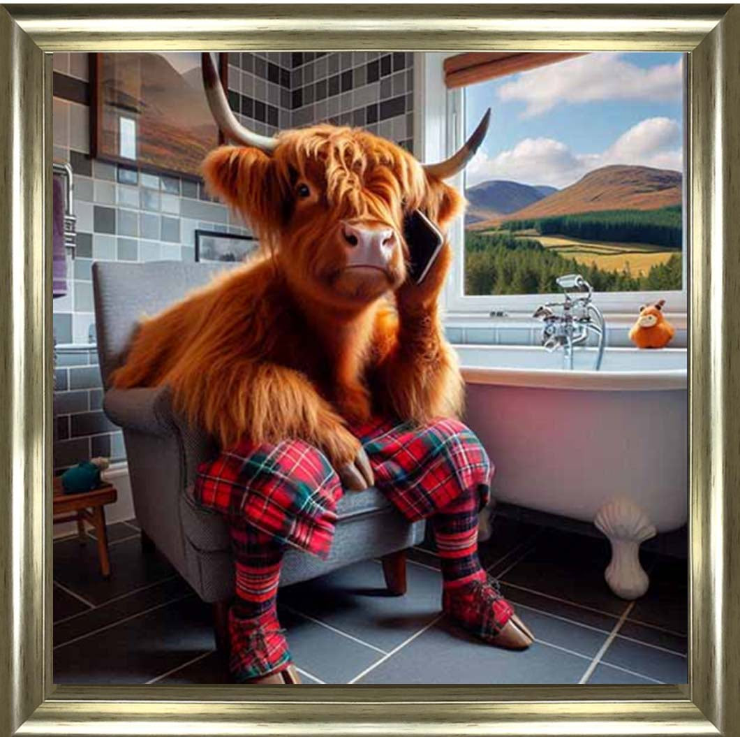 AN2139 Highland Cow On Toilet With Phone