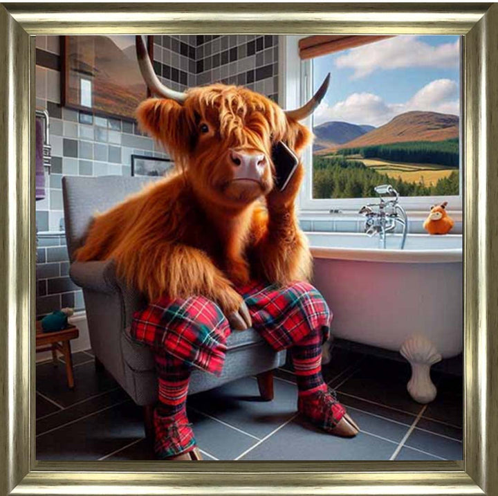 AN2139 Highland Cow On Toilet With Phone
