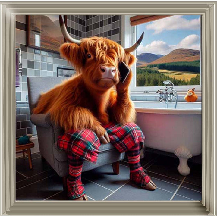 AN2139 Highland Cow On Toilet With Phone