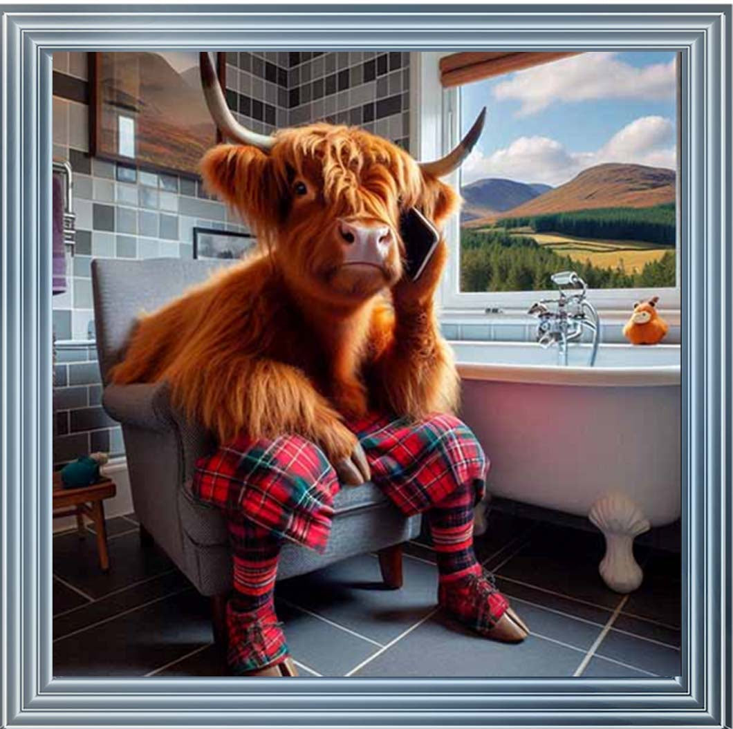 AN2139 Highland Cow On Toilet With Phone
