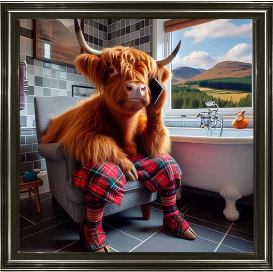 AN2139 Highland Cow On Toilet With Phone