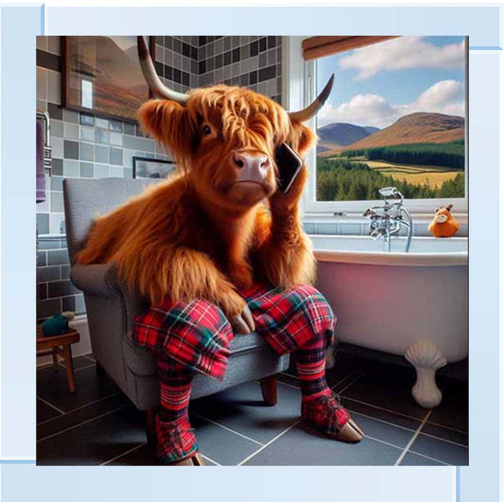 AN2139 Highland Cow On Toilet With Phone
