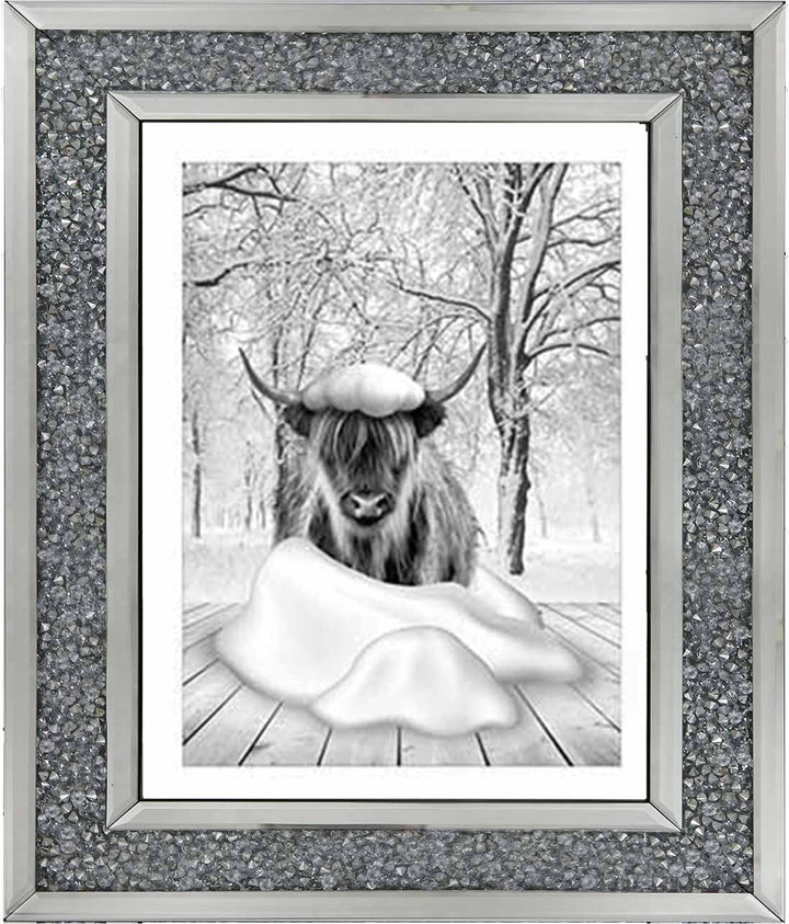 AN750-B&W Highland cow on Winter Snow l