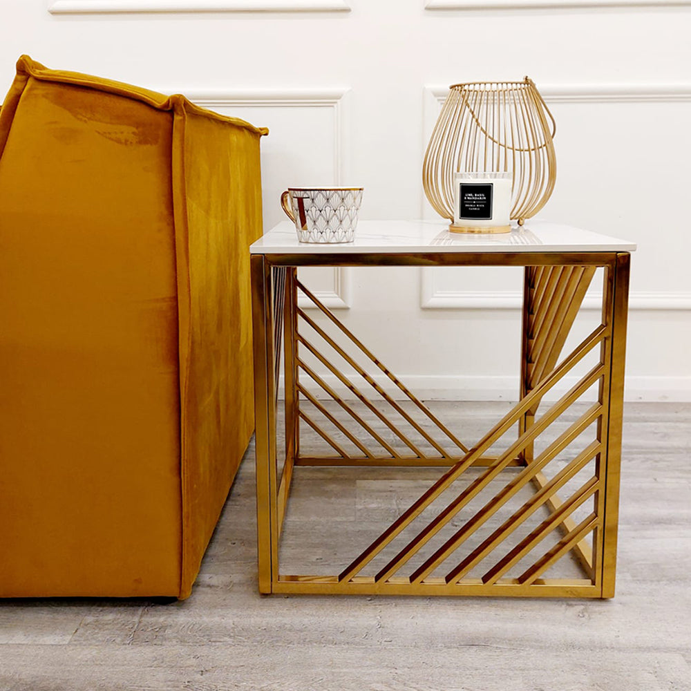 **PROMO** Azure Gold Lamp Table with Polar White Sintered Top