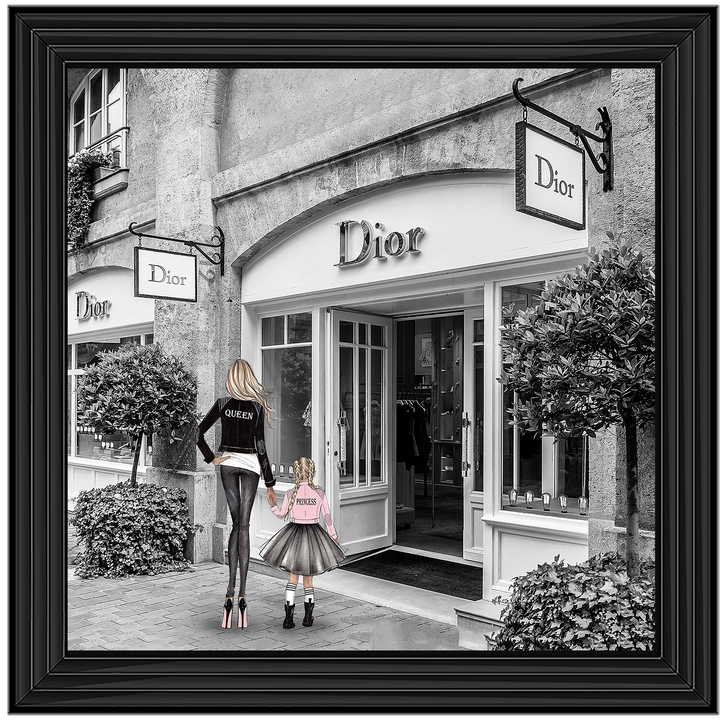 Mother and daughter in front of shop
