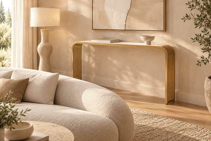 Dorking Matte Gold Slatted Console Table – Sculptural Contemporary Hallway Table