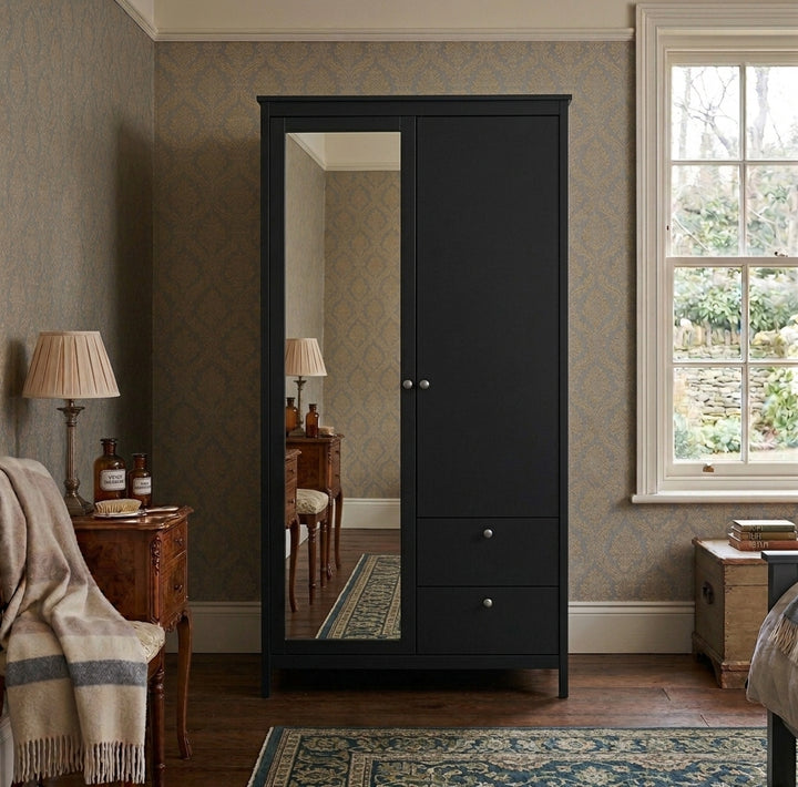 Madrid Wardrobe  Matt Black with 1 Door, 1 Mirrored Door & 2 Drawers