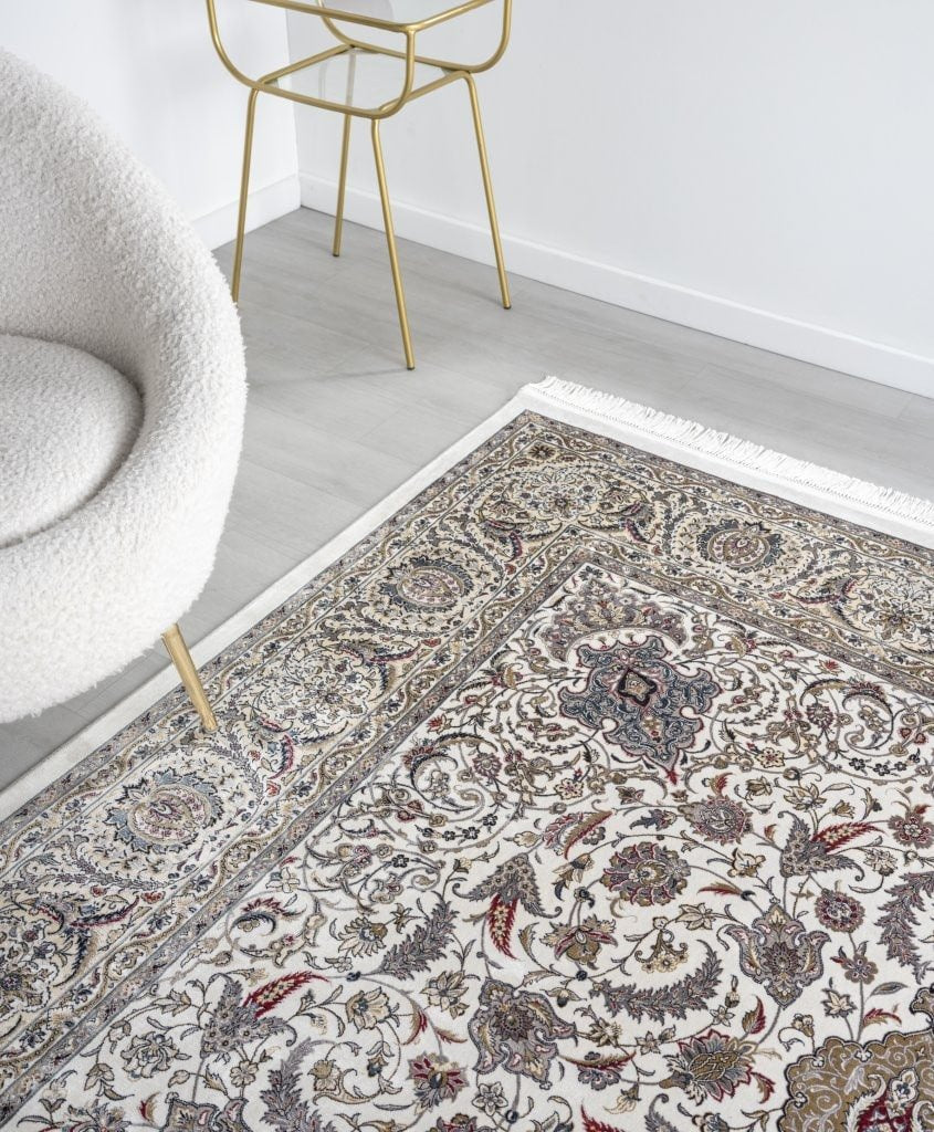 Minyatur Ornate Floral Centerpiece Ivory Rug
