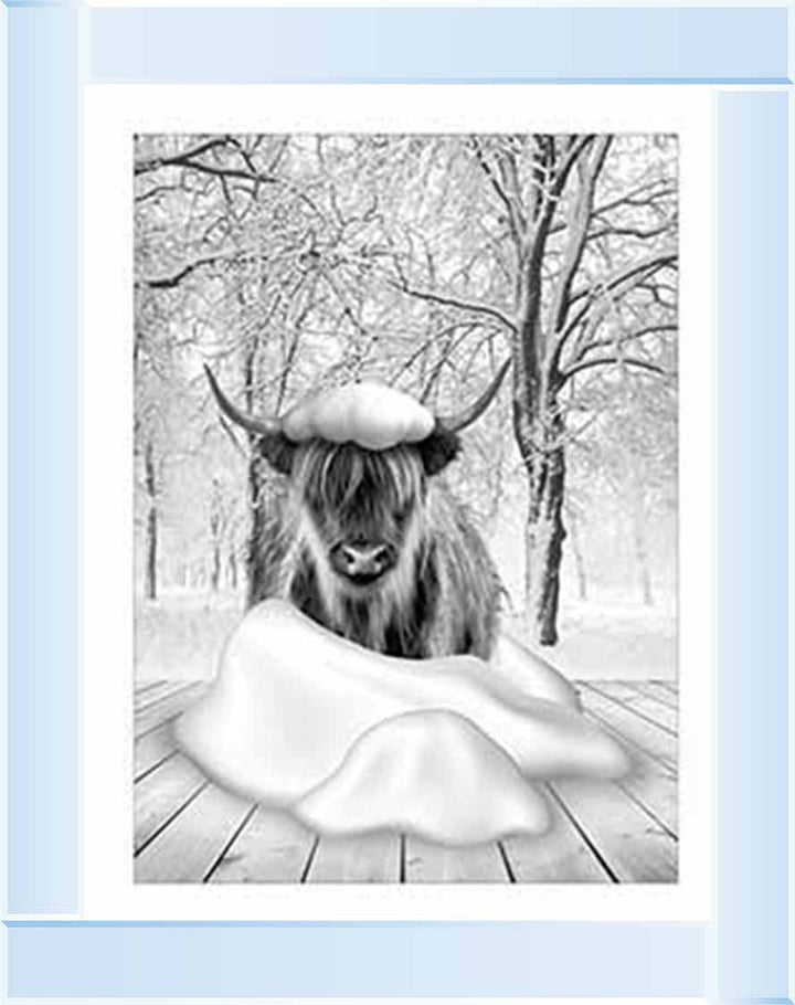 AN750-B&W Highland cow on Winter Snow l