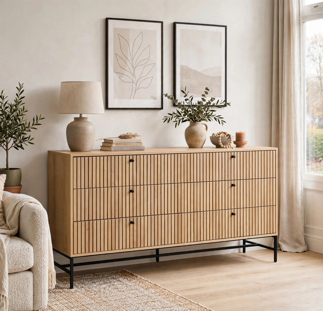 Albany Wide Chest of 6 Drawers in Oak/Black Legs