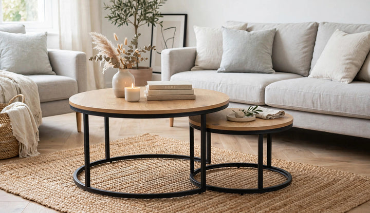 Spiro Round Coffee Table Set with Oak Top & Black Legs