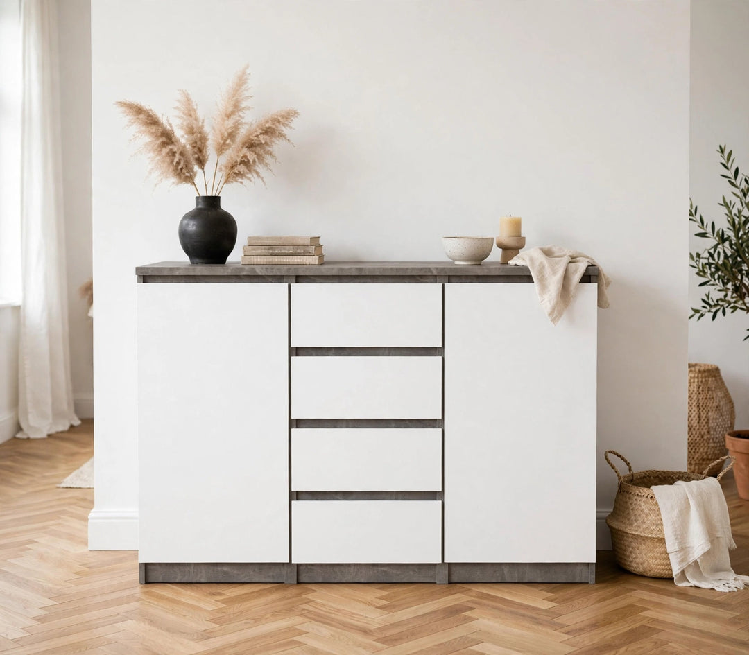 Naia Sideboard with 4 Drawers and 2 Doors in Concrete and White High Gloss