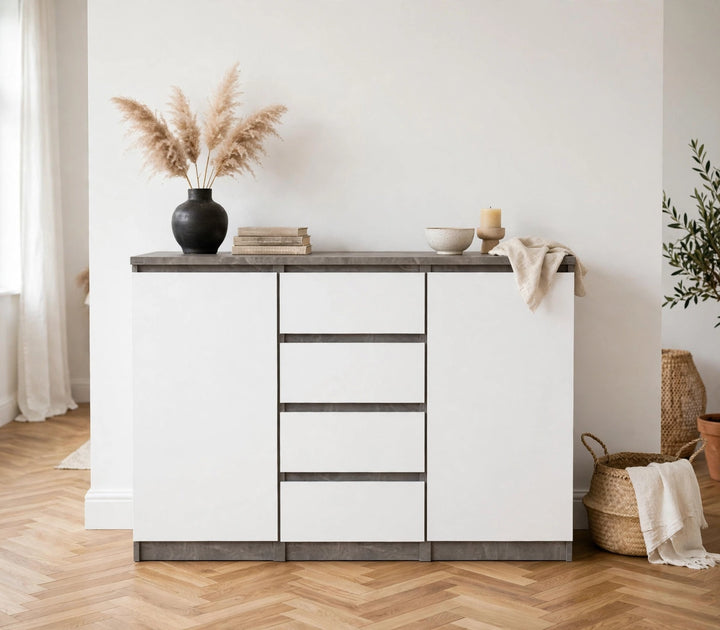 Naia Sideboard with 4 Drawers and 2 Doors in Concrete and White High Gloss