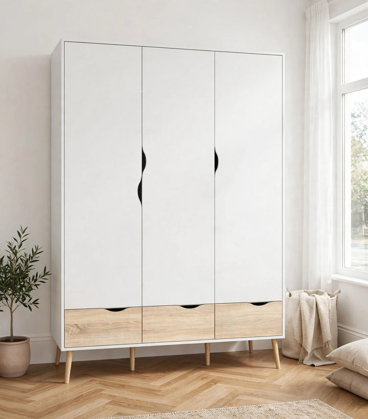 Oslo Wardrobe 3 Doors 3 Drawers in White and Oak