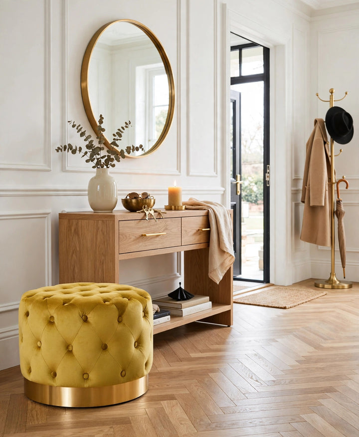 Linea Velvet Stool – Grey with Gold Base
