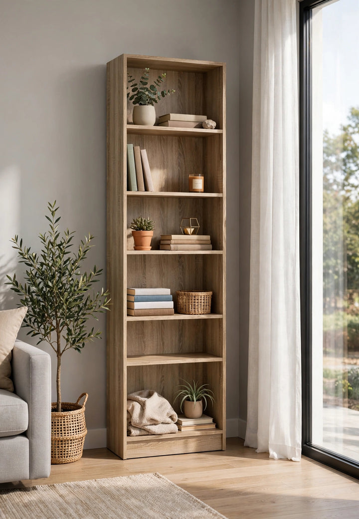 Basic Tall Narrow 4 Shelf Bookcase in Oak