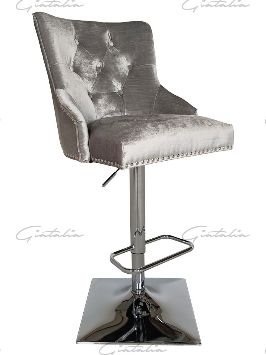 Knightsbridge Barstool - Diamond Tufted Back & Round Knocker - Light Grey