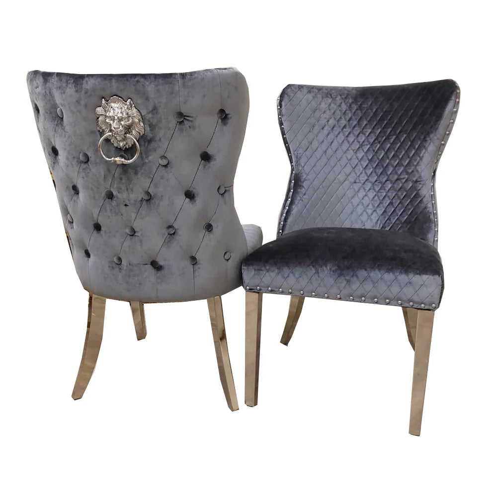 Chelsea Dining Chair Grey Shimmer with Lion Knocker & Buttoned Back - Available in Sets of 2, 4, or 6