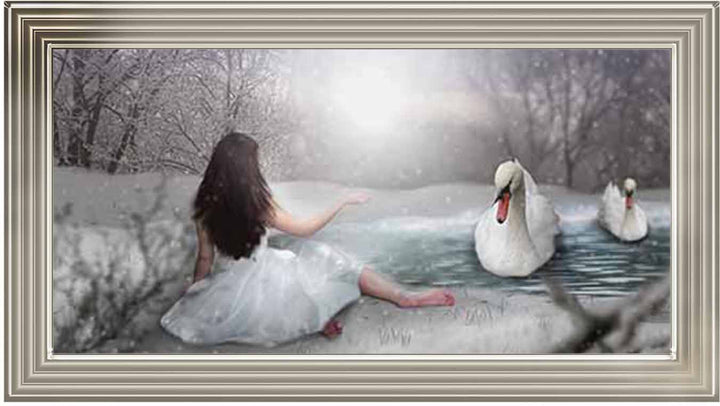 FG746 Swan & woman on lake