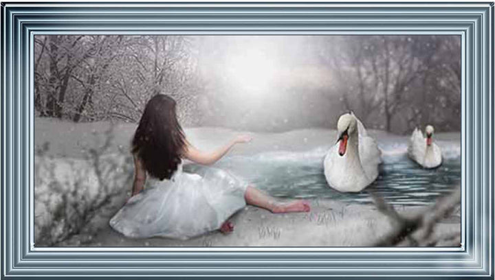 FG746 Swan & woman on lake