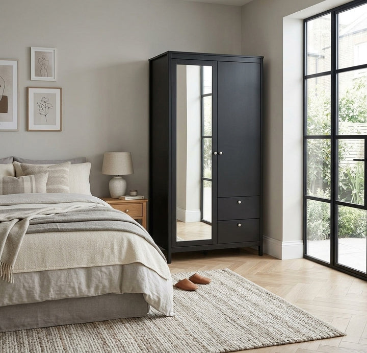 Madrid Wardrobe  Matt Black with 1 Door, 1 Mirrored Door & 2 Drawers