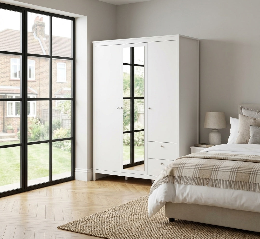 Madrid Wardrobe  2 Door + 1 Mirrored Door with 2 Drawers in White Finish