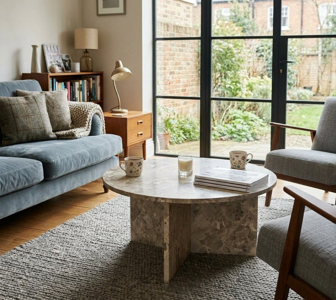 Vega Round Coffee Table with Brown Marble Top  90cm