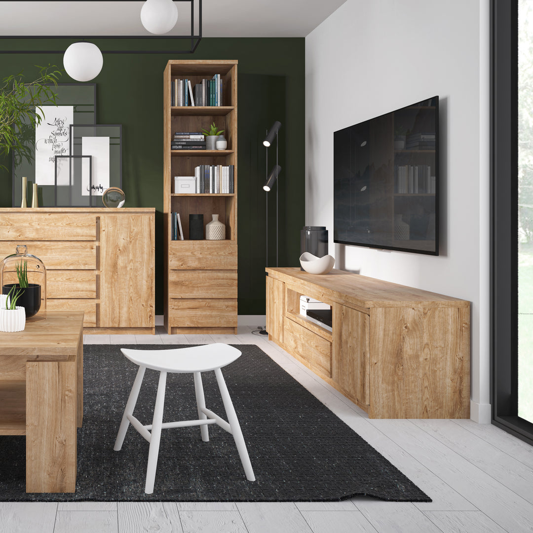 Fribo Tall Glazed Display Cabinet with 3 Drawers in Oak