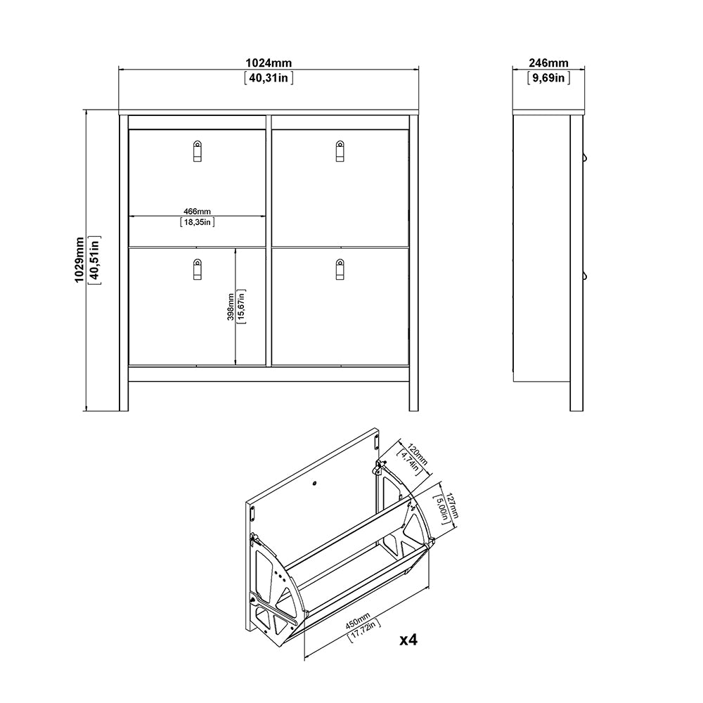 Madrid Shoe Cabinet with 4 Flip-Down Doors in White