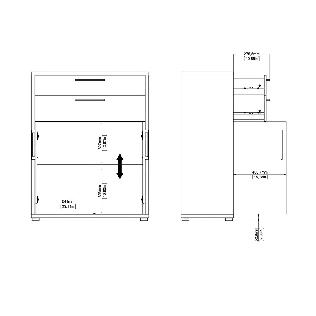 Prima Bookcase 3 Shelves with 2 Drawers 2 Doors In White