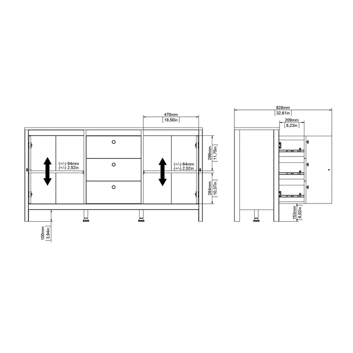 Barcelona Sideboard 2 Doors + 3 Drawers in White