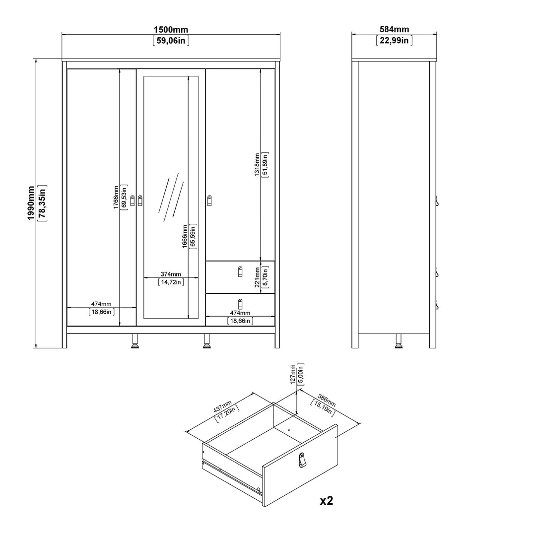 Barcelona Wardrobe  2 Door + 1 Mirrored Door with 2 Drawers in White Finish