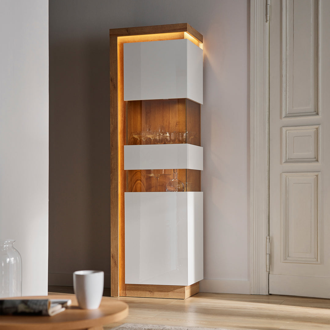 Lyon Tall Narrow Display Cabinet (RHD) in Riviera Oak/White High Gloss