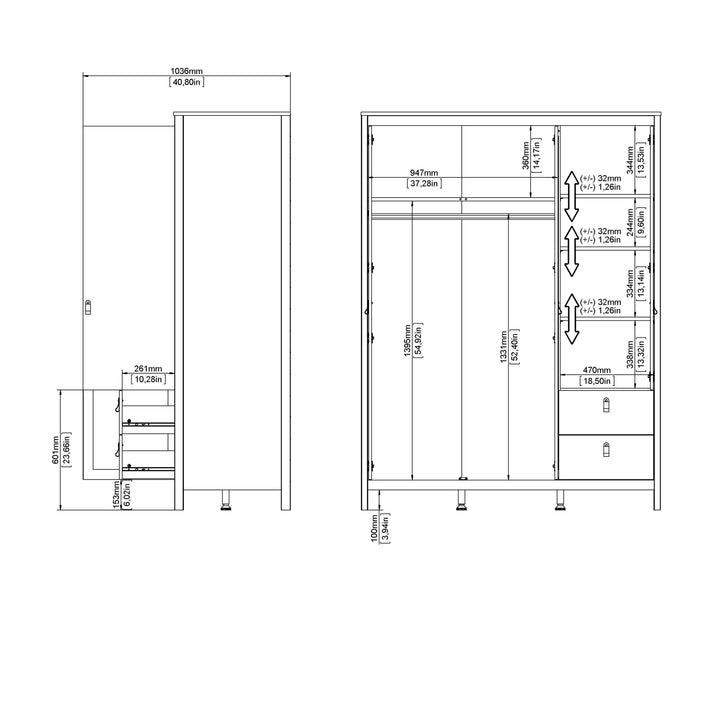 Barcelona Wardrobe  2 Door + 1 Mirrored Door with 2 Drawers in White Finish