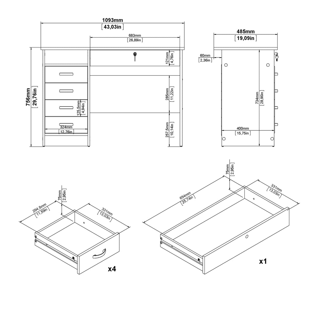Function Plus Desk with 5 Drawers in White