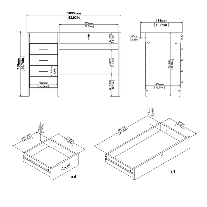 Function Plus Desk with 5 Drawers in White