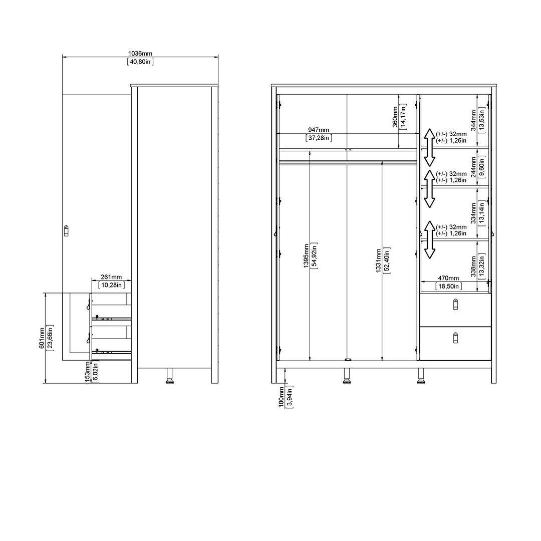 Barcelona Wardrobe  2 Door + 1 Mirrored Door with 2 Drawers in White Finish