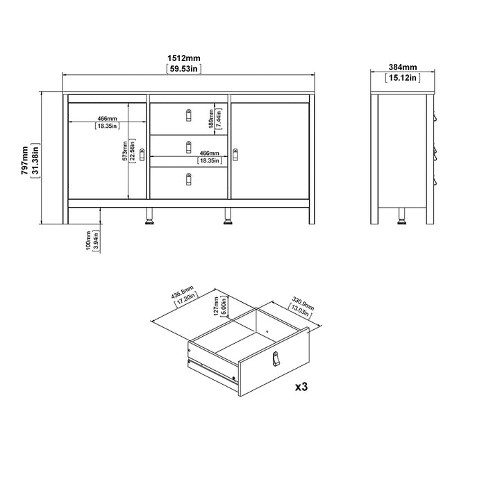 Madrid Sideboard 2 Doors + 3 Drawers in White