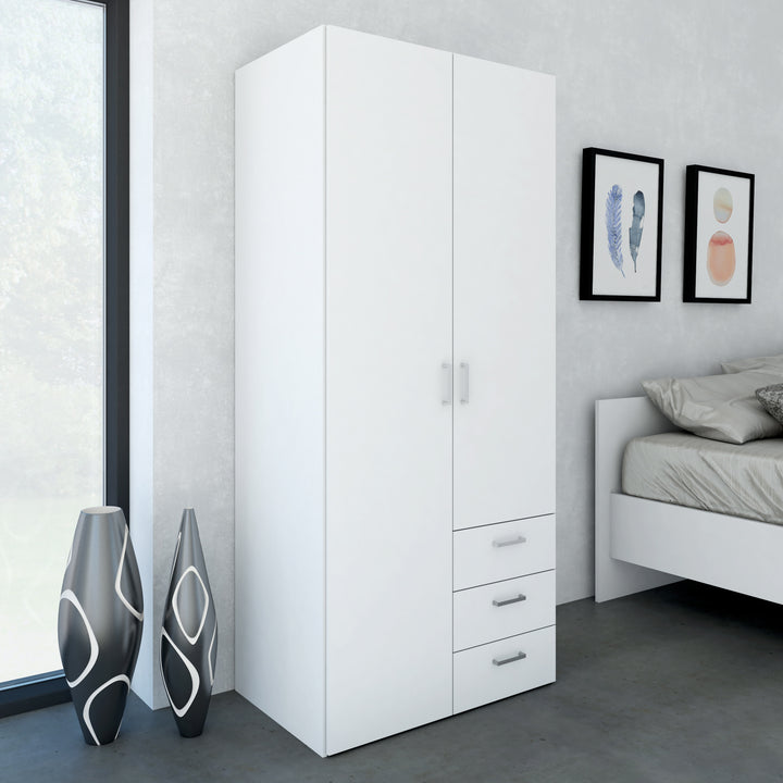 Space Wardrobe with 2 Doors + 3 Drawers in White 1750